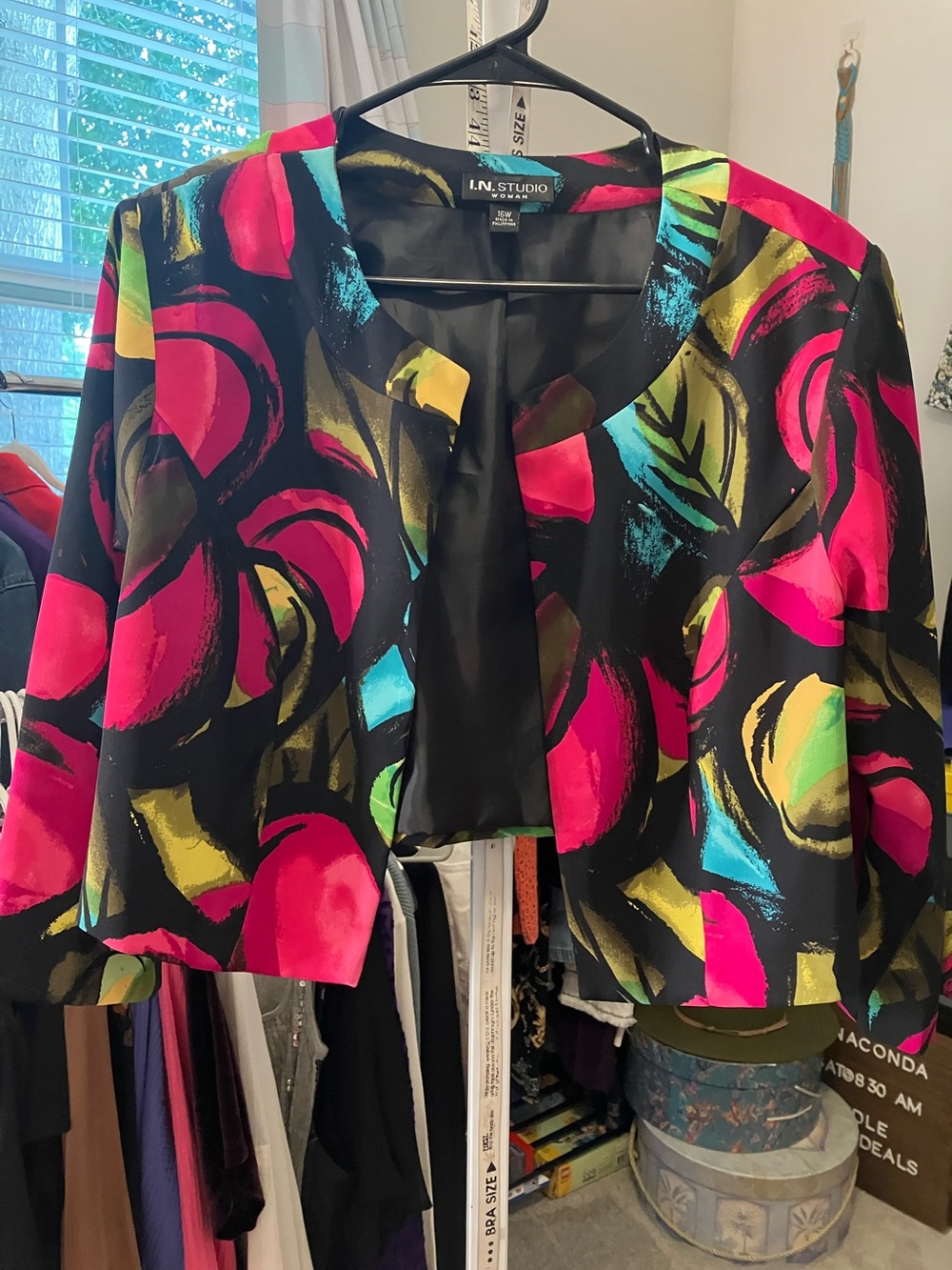 I.N. Studio Black Cropped Blazer with Pink, Yellow & Teal Floral Brushstrokes